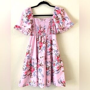 Floral Mini Ruffle Fit And Flare Dress XS Pink Puff Sleeves Whimsical Fairy
